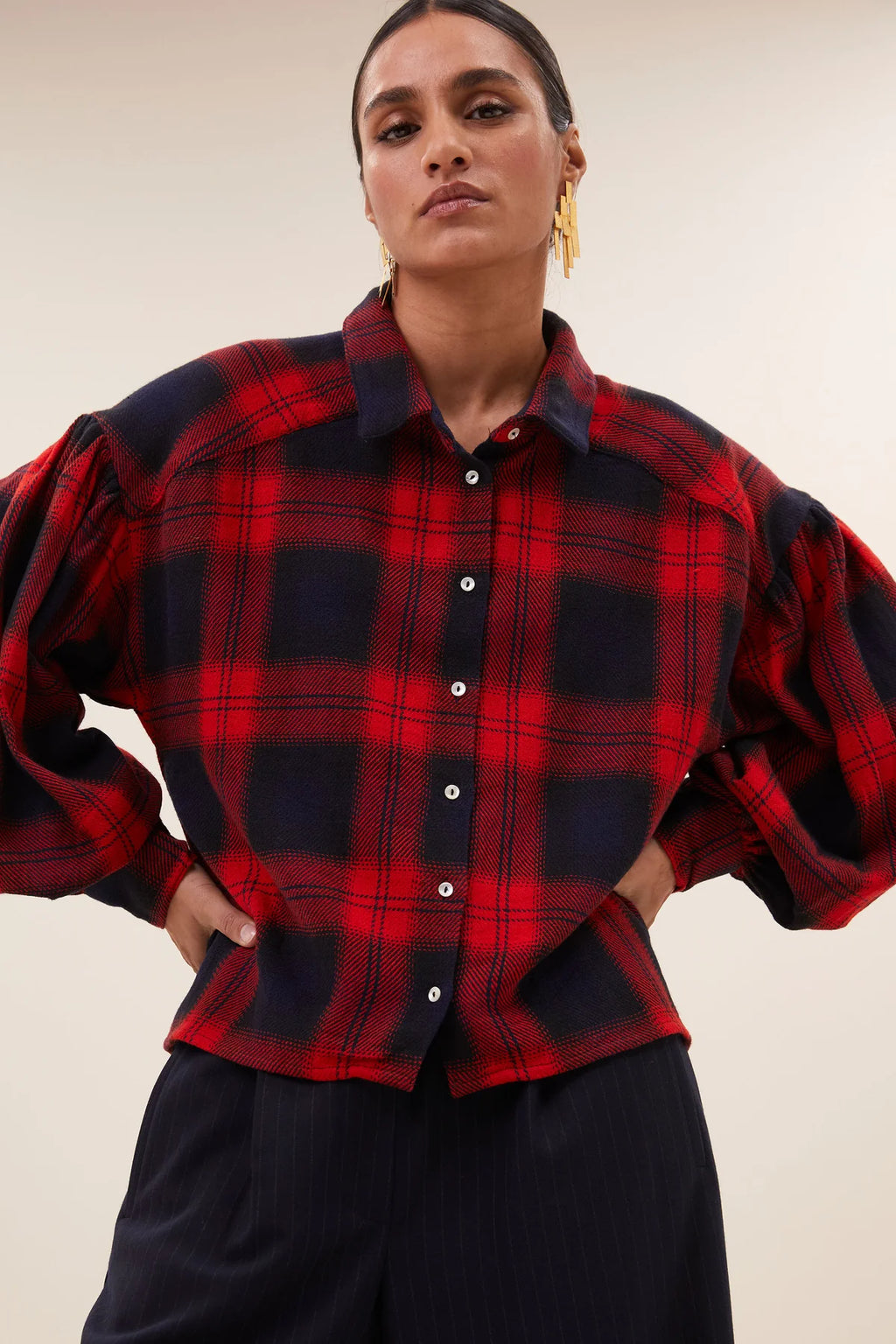 sarah short red check blouse | poppy check