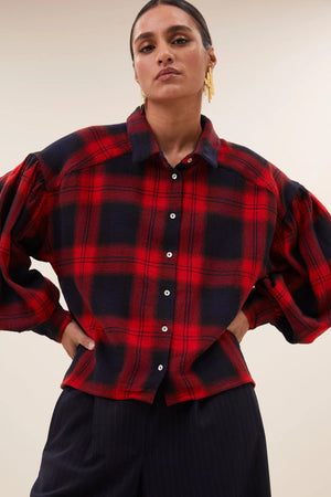 sarah short red check blouse | poppy check