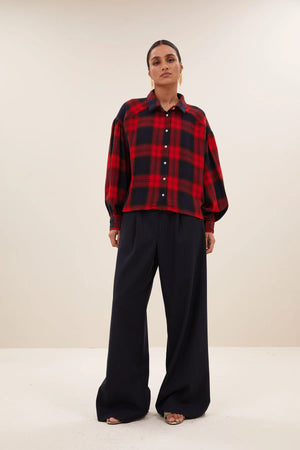 sarah short red check blouse | poppy check