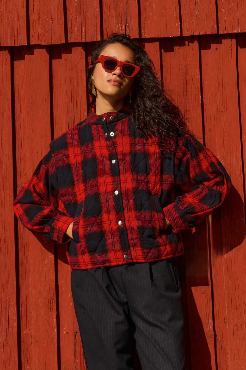 mave red check sleeveless jacket | poppy check
