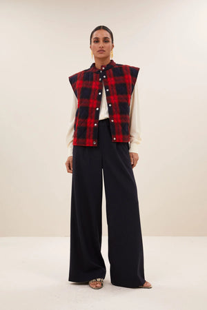 mave red check sleeveless jacket | poppy check
