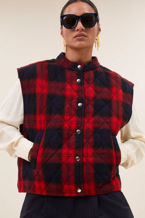 mave red check sleeveless jacket | poppy check